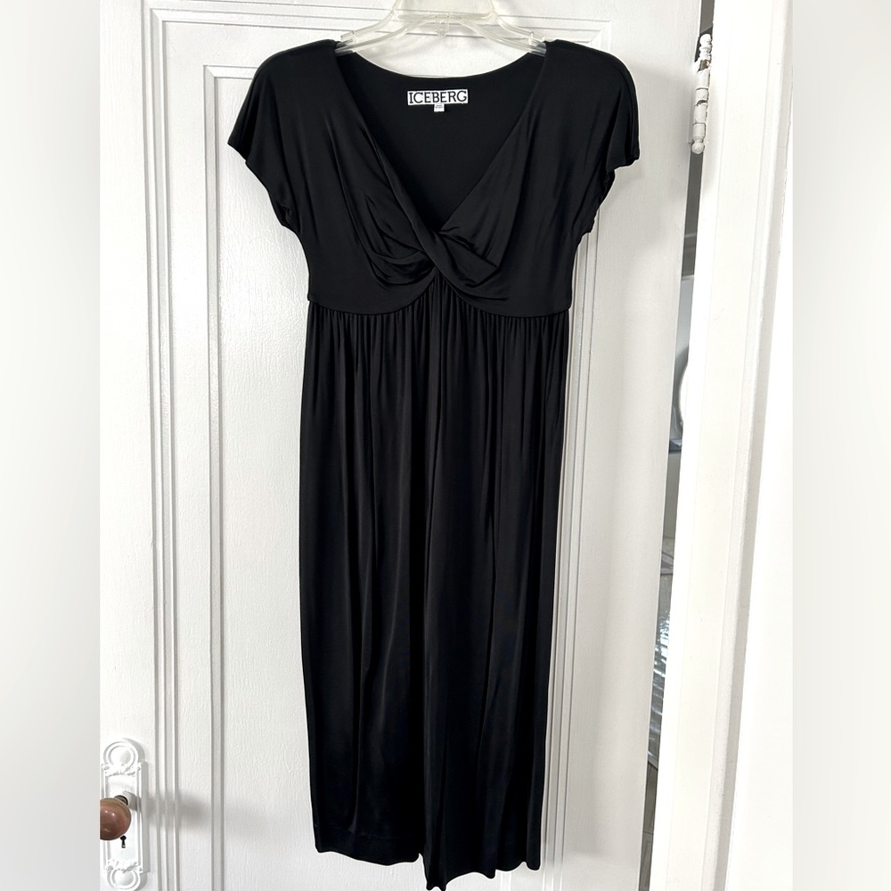 Iceberg Black Empire Waist Midi Dress Small Made in Italy Luxury NWOT Cap sleeve